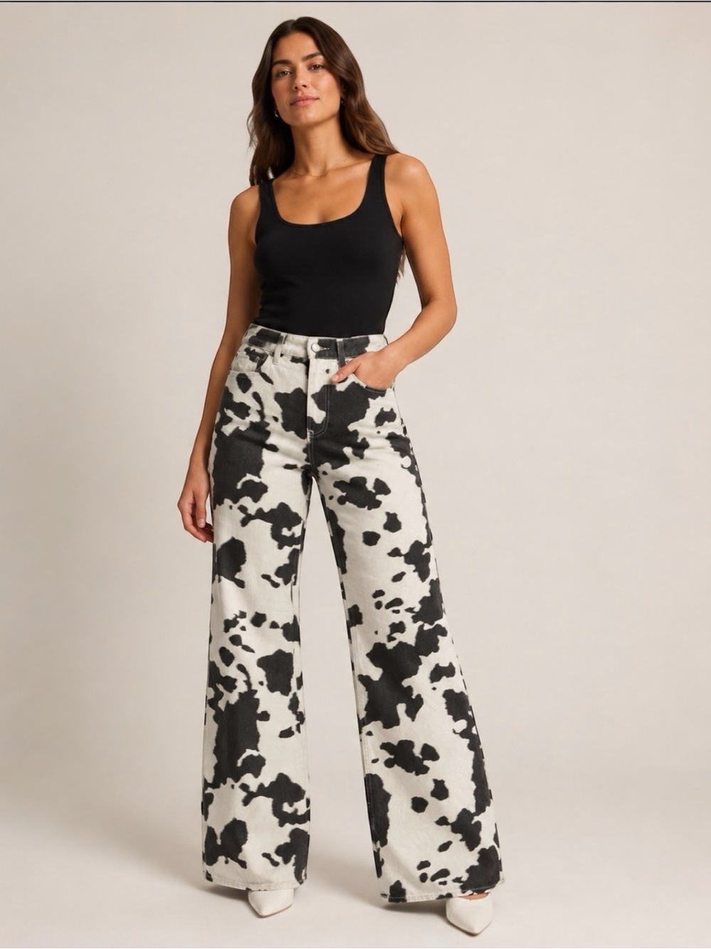 Abercrombie & Fitch Curve‎ Love Baggy Boot Cow Print Jeans Mid Rise Size 26